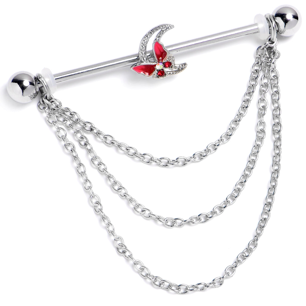 14G Aurora Gem Butterfly Pink Beauty Dangle Industrial Barbell 38mm