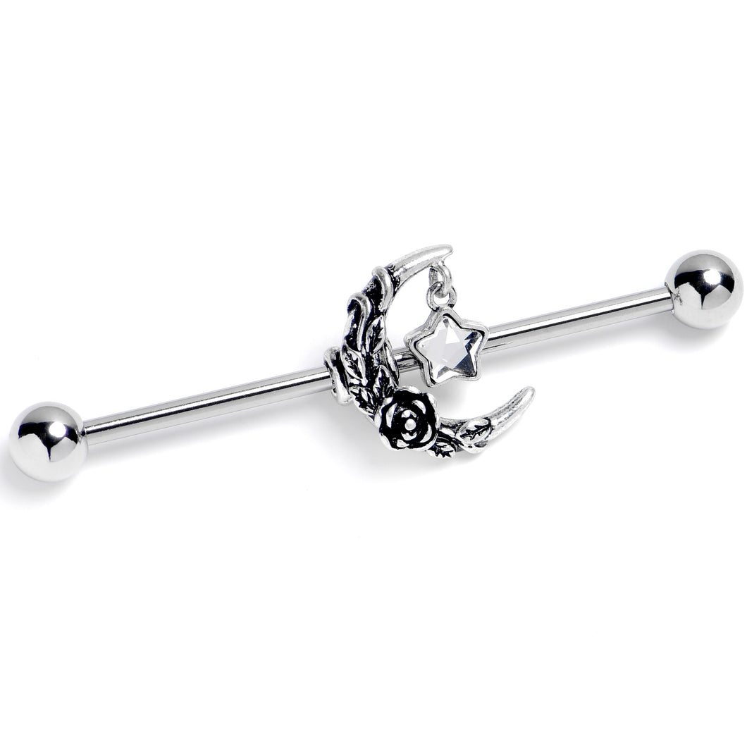 14G Clear Gem Ornate Moon Star Industrial Barbell 38mm