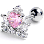 16G 1/4 Clear Pink Gem Heart Crown Cartilage Tragus Earring