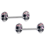 14G 9/16 Pink Black CZ Gem Stylish Skull Barbell Nipple Ring Set