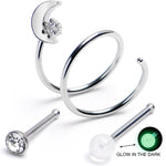20G Clear Gem Moon Spiral Glow In Dark Nose Ring Set of 3