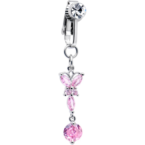 Pink CZ Gem Butterfly Baroque Drop Dangle Clip on Fake Belly Ring