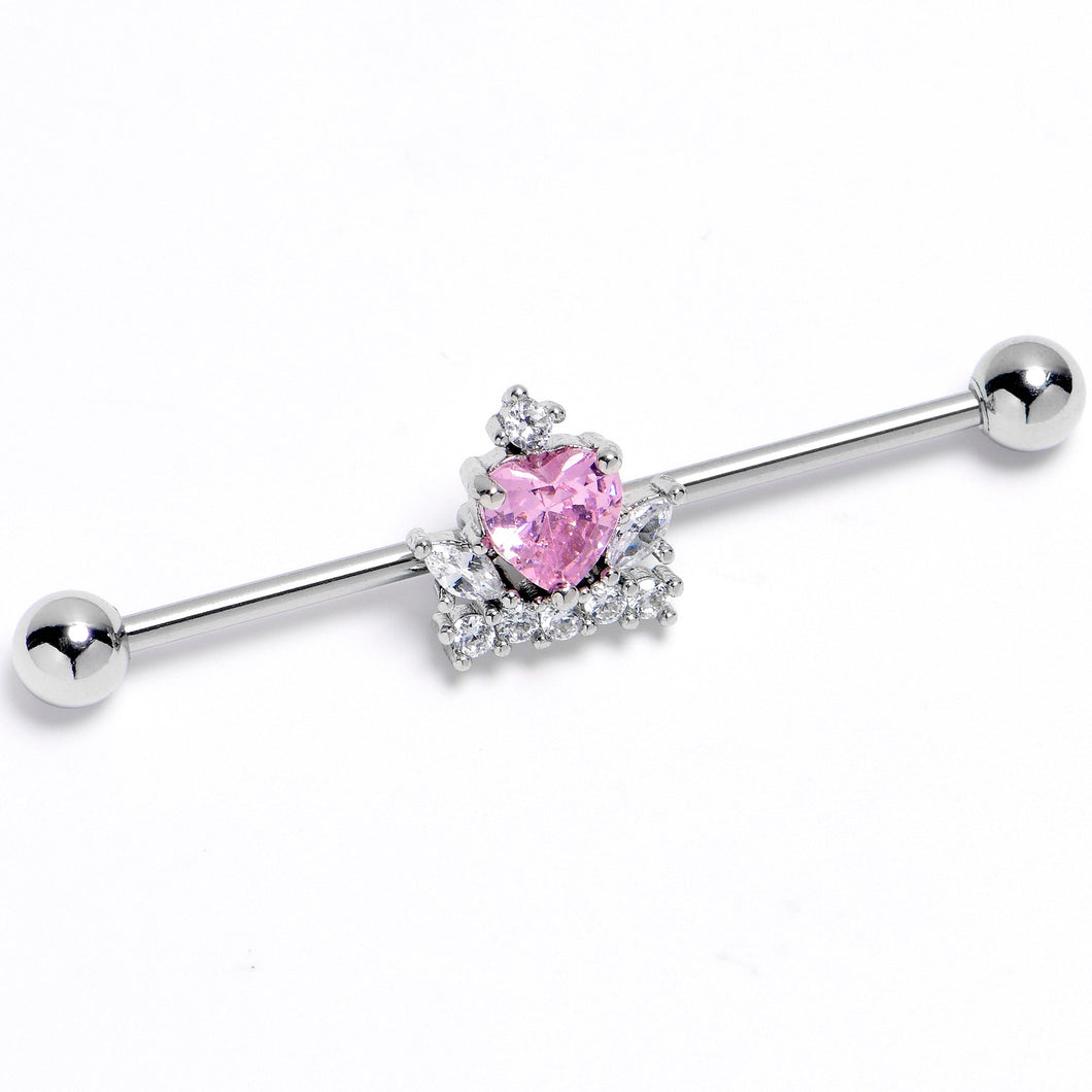 14G Pink Clear CZ Gem Heart Crown Industrial Barbell 38mm