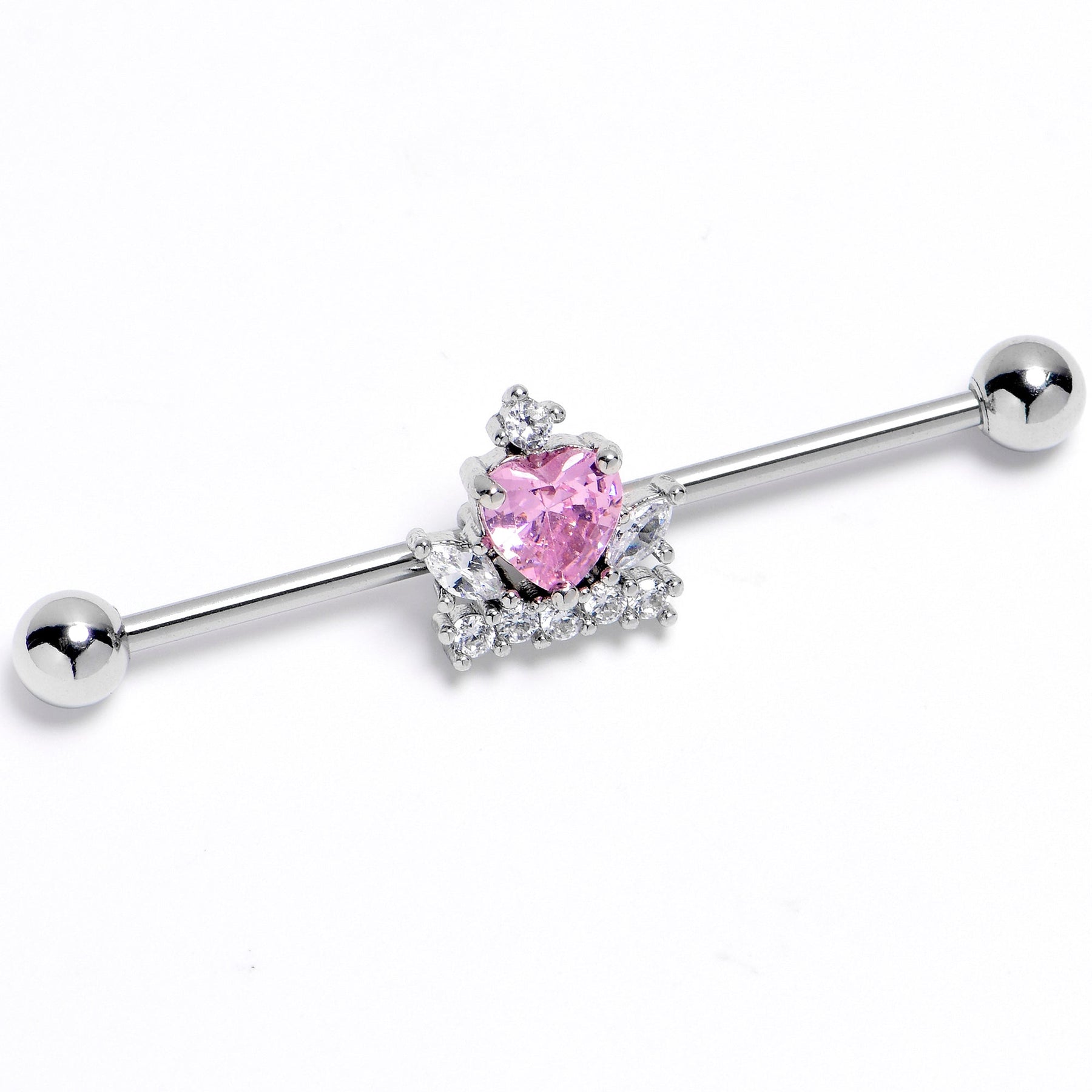 14G Pink Clear CZ Gem Heart Crown Industrial Barbell 38mm