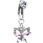 Pink Clear CZ Gem Butterfly Bling Dangle Clip on Fake Belly Ring