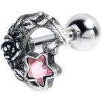 16G 1/4 Pink Gem Ornate Moon Star Cartilage Tragus Earring