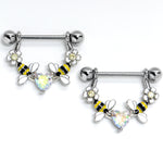 14G 9/16 Aurora Gem Heart Bees Flowers Dangle Nipple Ring Set