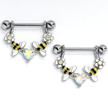 14G 9/16 Aurora Gem Heart Bees Flowers Dangle Nipple Ring Set