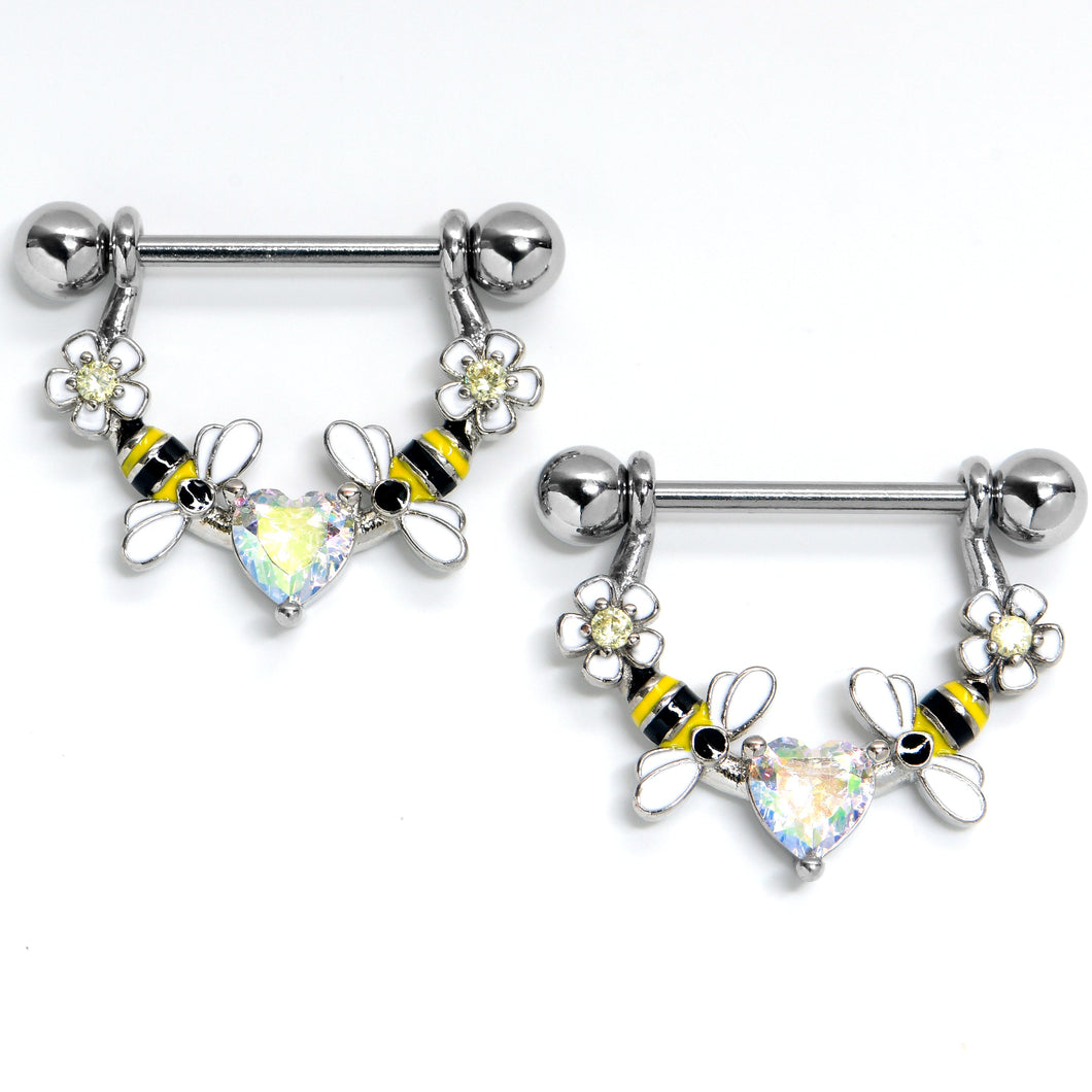 14G 9/16 Aurora Gem Heart Bees Flowers Dangle Nipple Ring Set