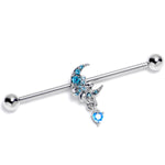 14G Blue CZ Gem Moon Bow Heart Dangle Industrial Barbell 38mm