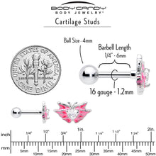 16G 1/4 Clear Gem Heart Pink Butterfly Cartilage Tragus Earring