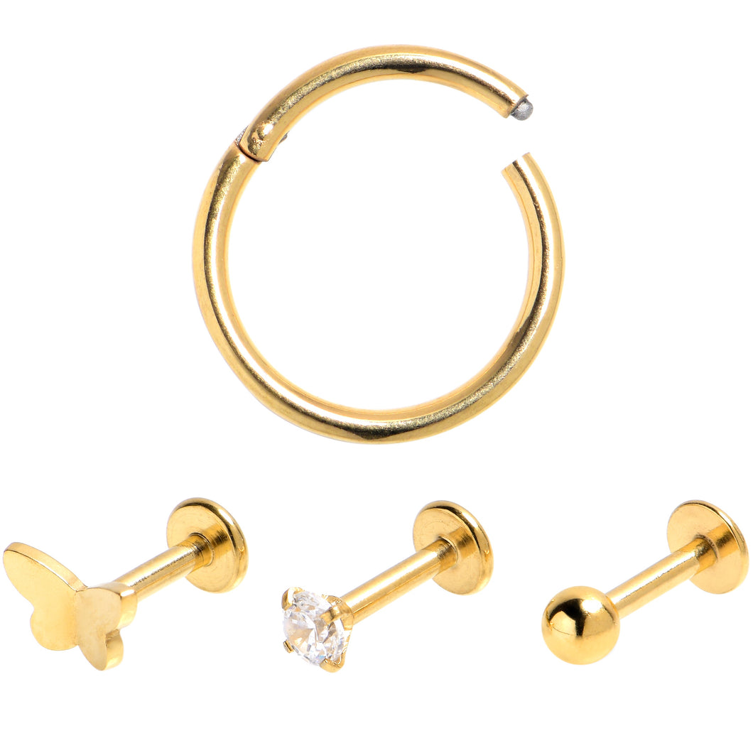 16G Clear Gem Gold Tone Simple Labret Segment Ring Curation Set of 4
