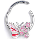 16G 3/8 Clear Gem Flowery Butterfly Pink Hinged Segment Ring