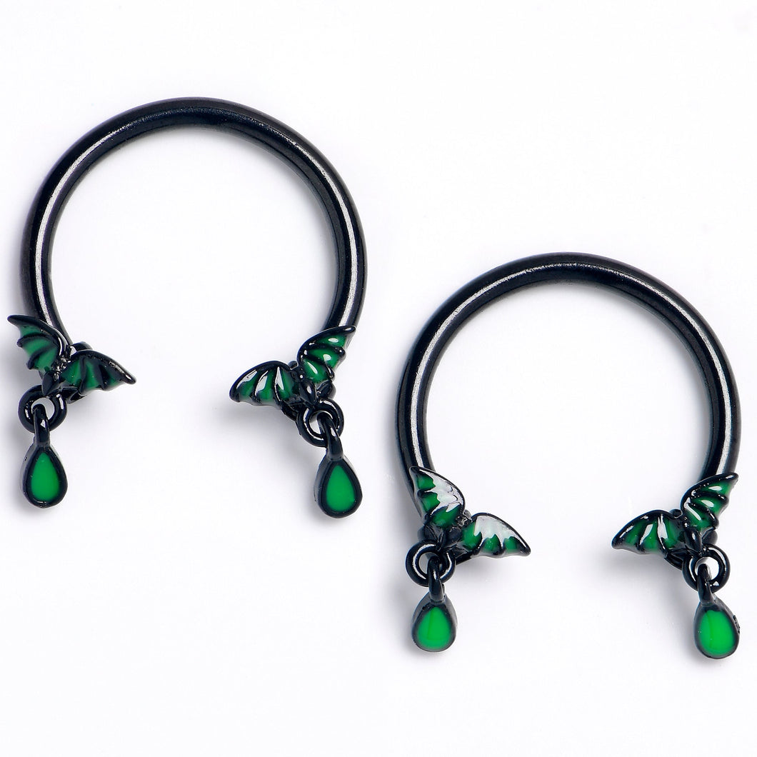 16G 3/8 Black Bat Wings Dangle Horseshoe Circular Barbell Set of2