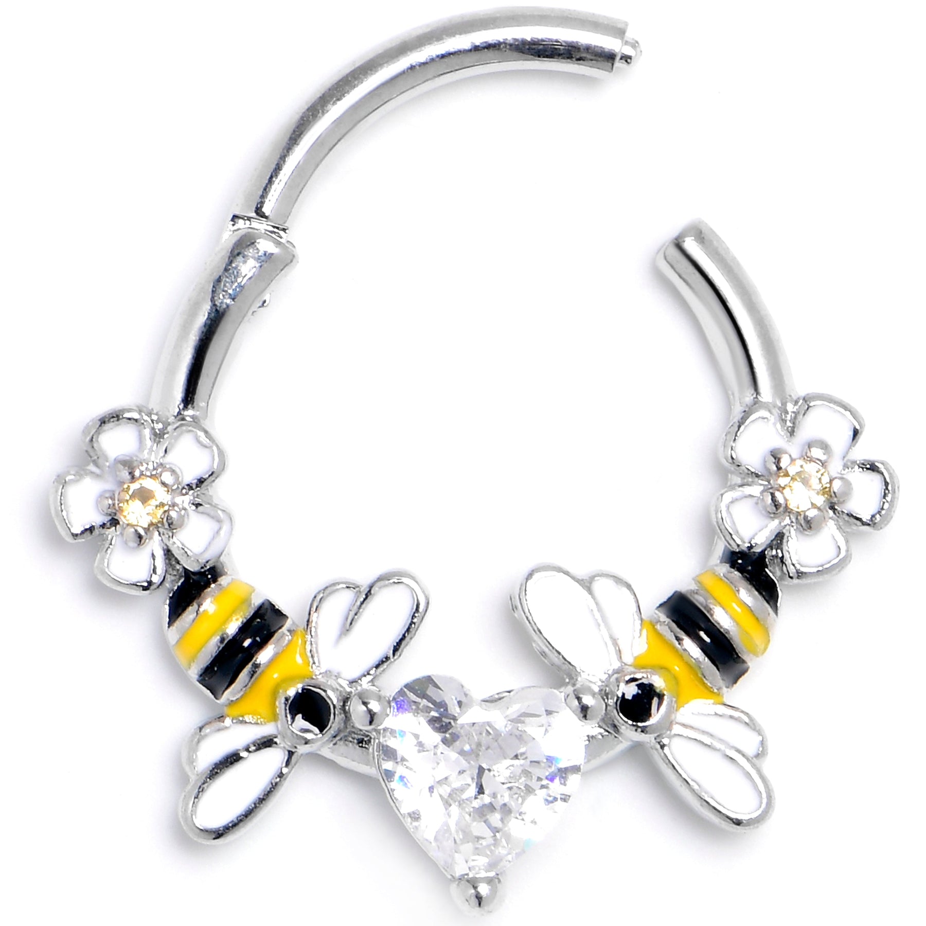 16G 3/8 Clear CZ Gem Bee Heart Flower Love Hinged Segment Ring
