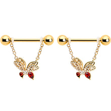 14G 9/16 Red CZ Gem Gold Tone Drama Butterfly Dangle Nipple Ring Set