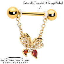 14G 9/16 Red CZ Gem Gold Tone Drama Butterfly Dangle Nipple Ring Set