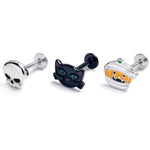 16G 5/16 Black Cat Skull Halloween Labret Monroe Tragus Set of3