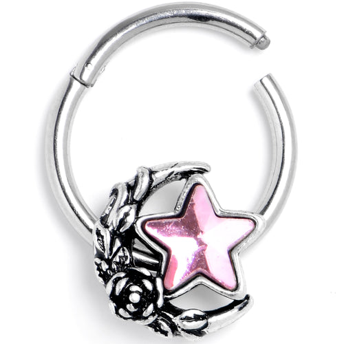 16G 3/8 Pink Gem Ornate Moon Star Hinged Segment Ring