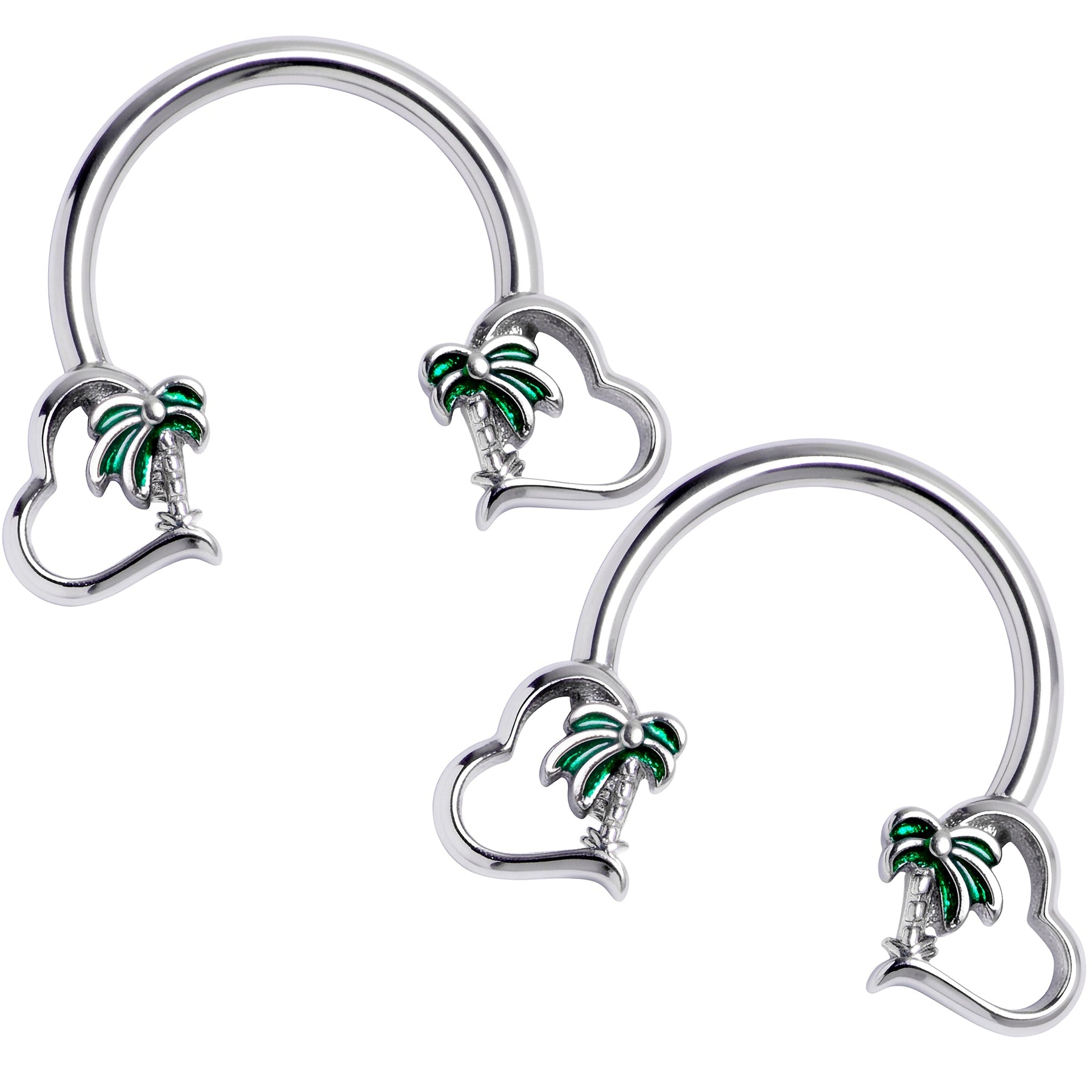 14G 9/16 Palm Tree Love Horseshoe Nipple Ring Set