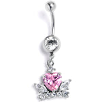 Clear Pink Gem Crown Heart Dangle Belly Ring