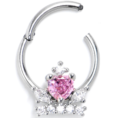 16G 3/8 Pink Clear CZ Gem Crown Heart Hinged Segment Ring