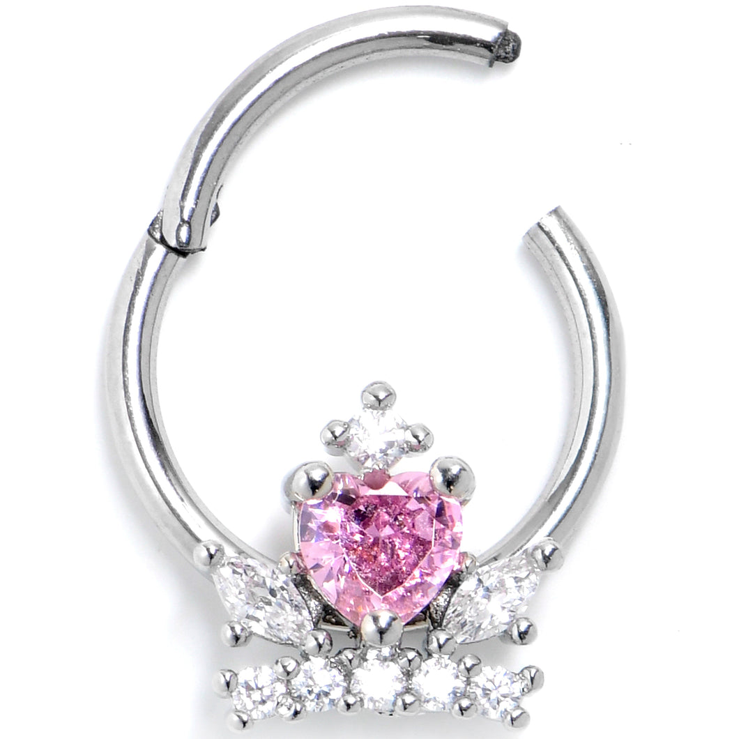 16G 3/8 Pink Clear CZ Gem Crown Heart Hinged Segment Ring
