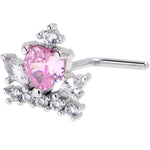 20G 7mm Pink Clear CZ Gem Crown Heart L Shape Nose Ring