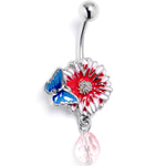 Pink Gem Passion Flower Butterfly Dangle Belly Ring