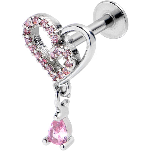 16G 5/16 Pink CZ Gem Asymmetrical Heart Dangle Labret Tragus