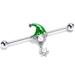 14G Clear Gem Santa Hat Stars Green Dangle Industrial Barbell 38mm