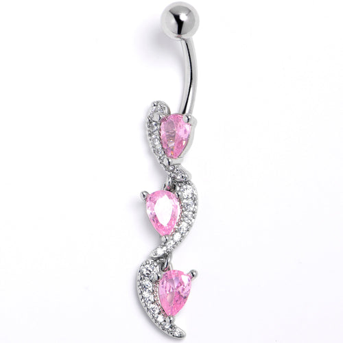 Pink Clear CZ Gem Super Style Swirl Dangle Belly Ring