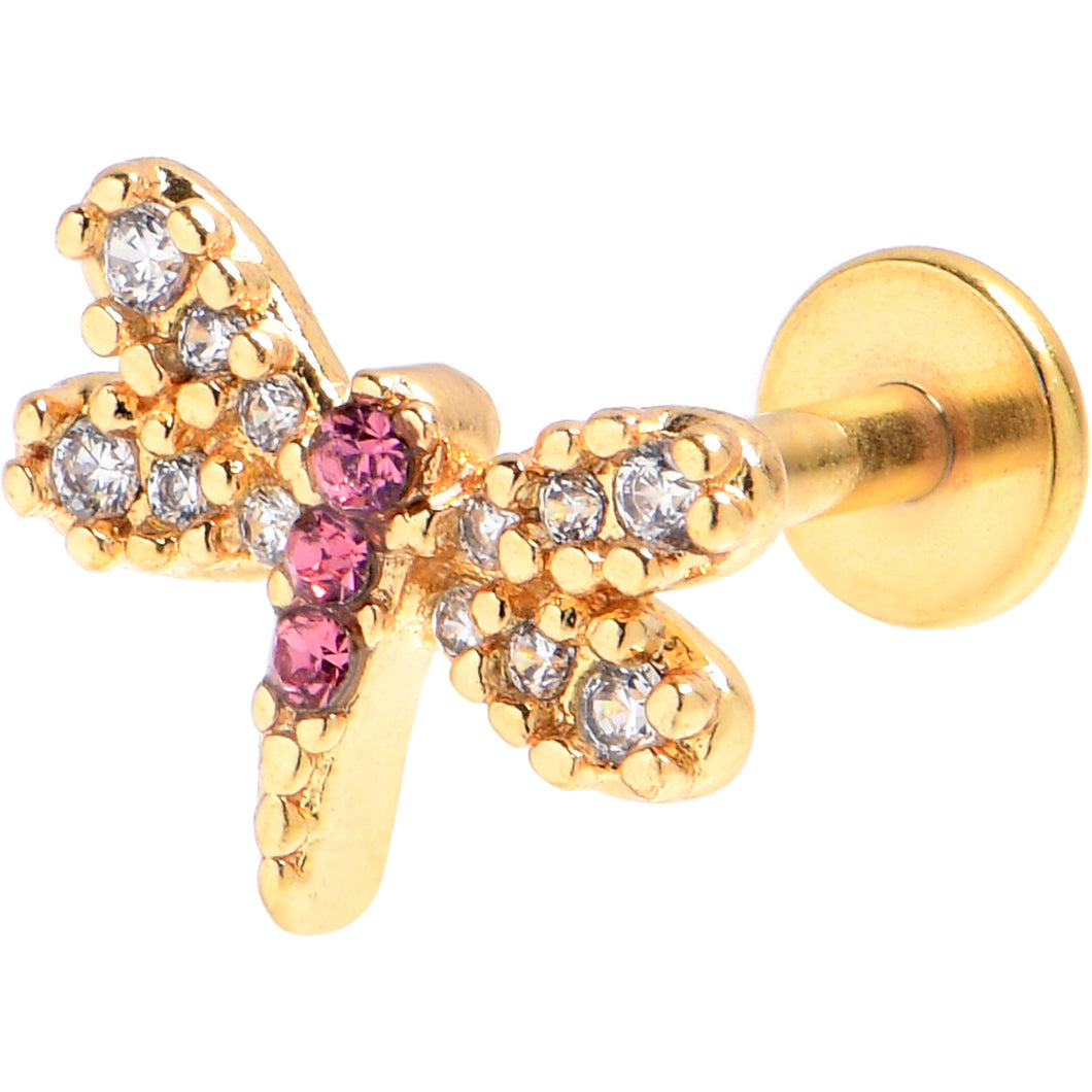 16G 5/16 Clear Pink Gem Gold Tone Dragonfly Drama Labret Tragus