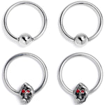 16G 3/8 Skull Red Eyes BCR Captive Bead Ring Set of 4