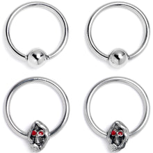 16G 3/8 Skull Red Eyes BCR Captive Bead Ring Set of 4