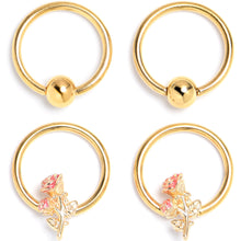 16G 3/8 Gold Tone Regal Rose BCR Captive Ring Set of 4