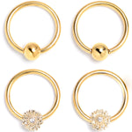 16G 3/8 Clear Gem Gold Tone Tiny Flower BCR Captive Ring Set of 4