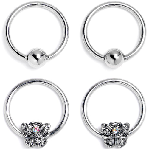 16G 3/8 Aurora Gem Butterfly Ornate BCR Captive Ring Set of 4