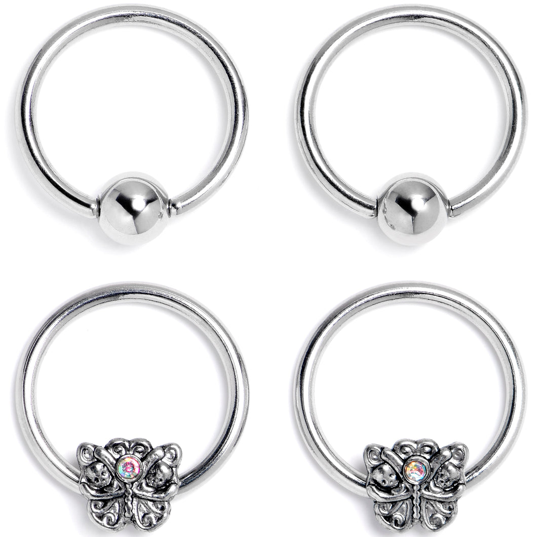 16G 3/8 Aurora Gem Butterfly Ornate BCR Captive Ring Set of 4
