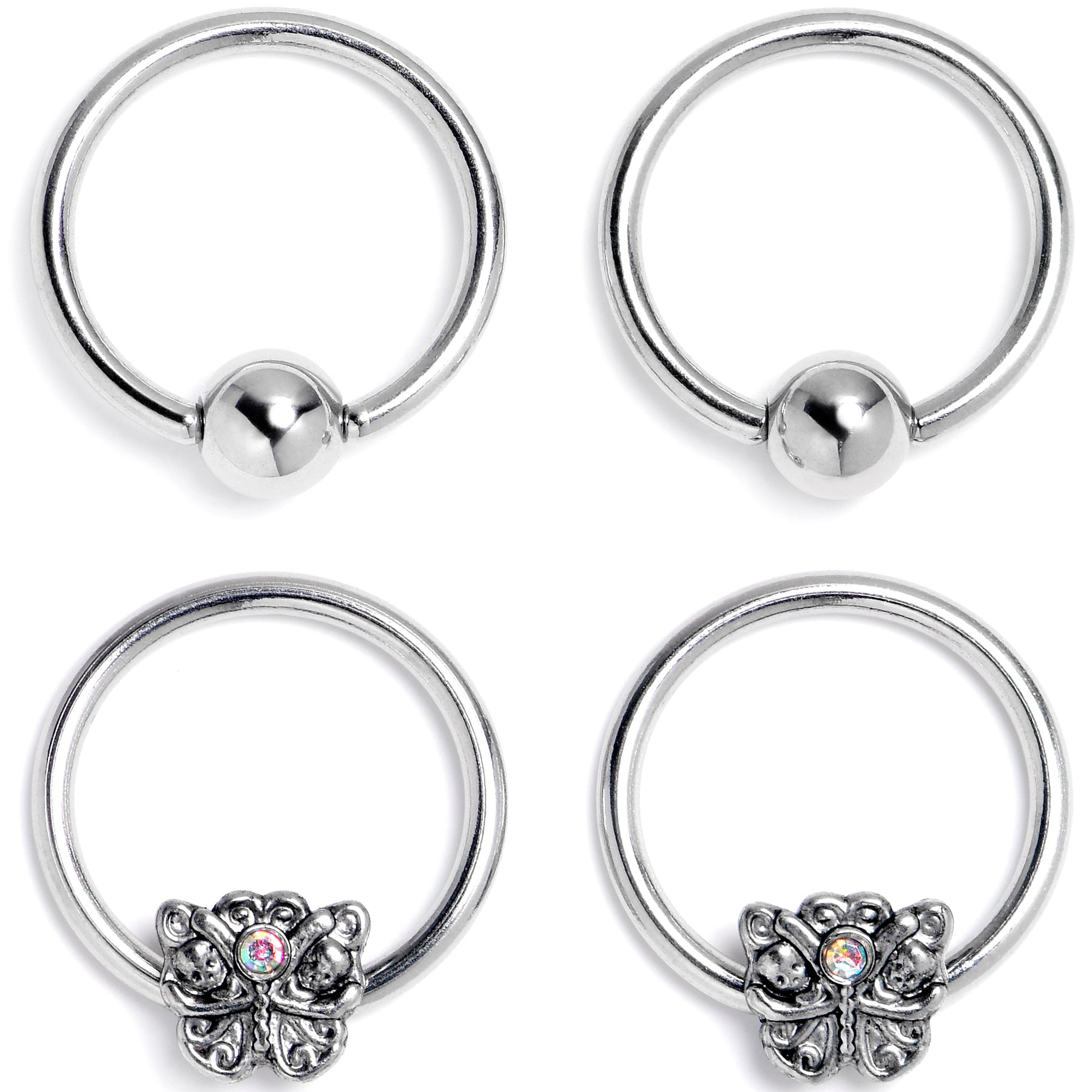 16G 3/8 Aurora Gem Butterfly Ornate BCR Captive Ring Set of 4
