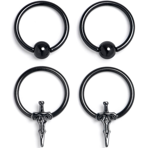 16G 3/8 Black Medieval Sword BCR Captive Ring Set of 4