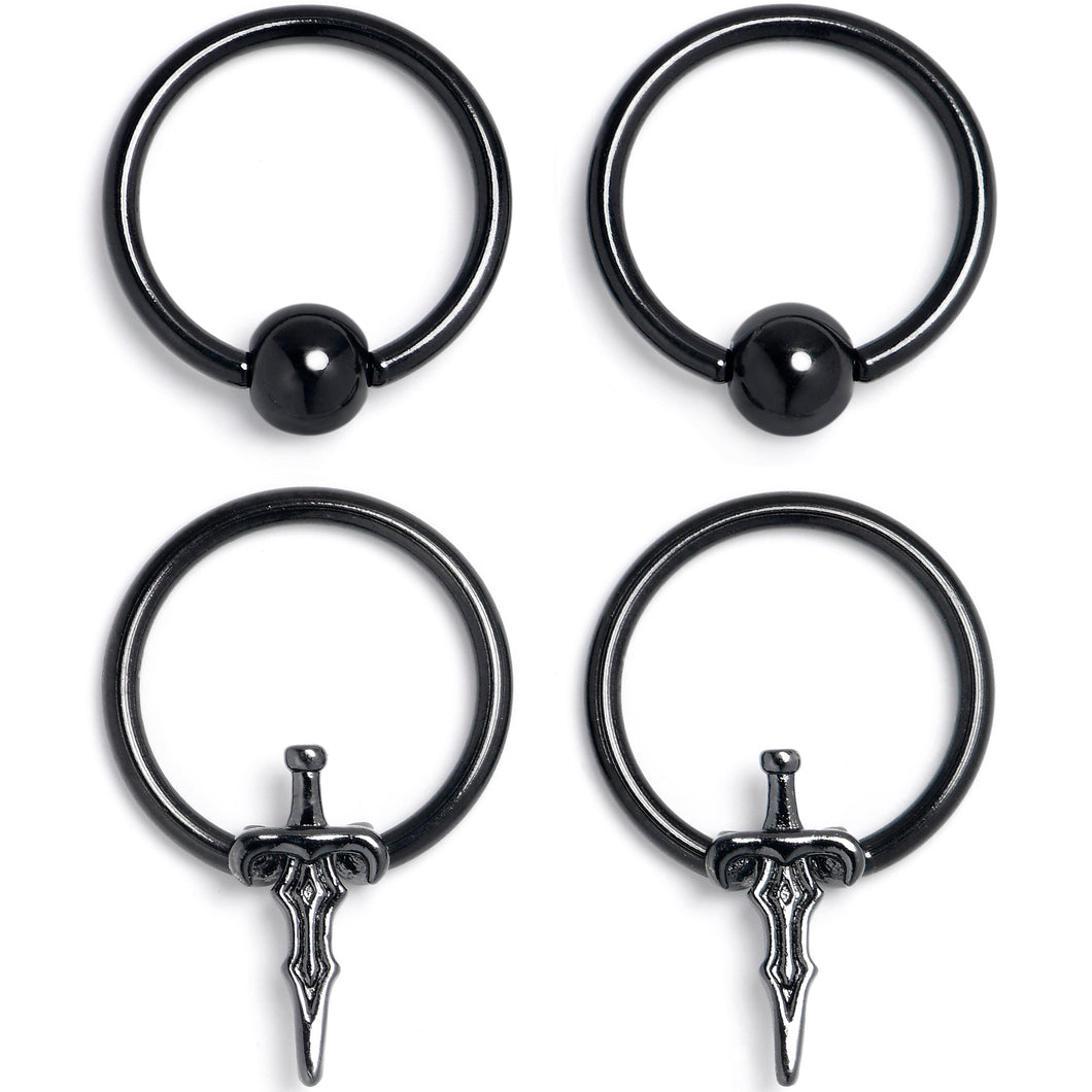16G 3/8 Black Medieval Sword BCR Captive Ring Set of 4