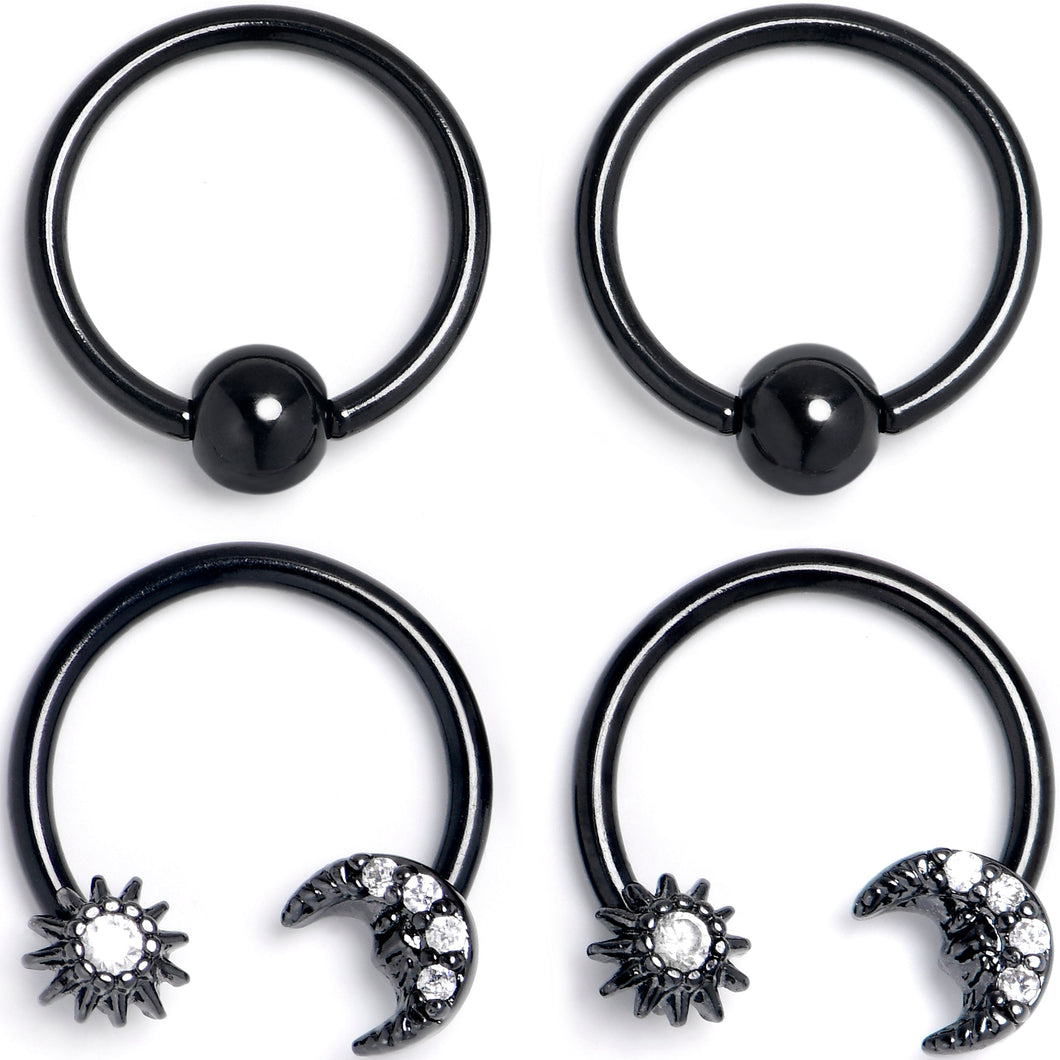 16G 3/8 Clear Gem Black Moon Sun BCR Captive Horseshoe Set of 4