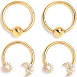 16G 3/8 Clear Gem Gold Tone Moon Sun BCR Captive Horseshoe Set of 4