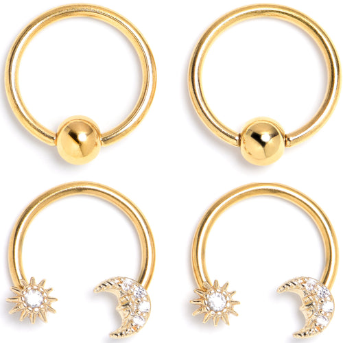 16G 3/8 Clear Gem Gold Tone Moon Sun BCR Captive Horseshoe Set of 4