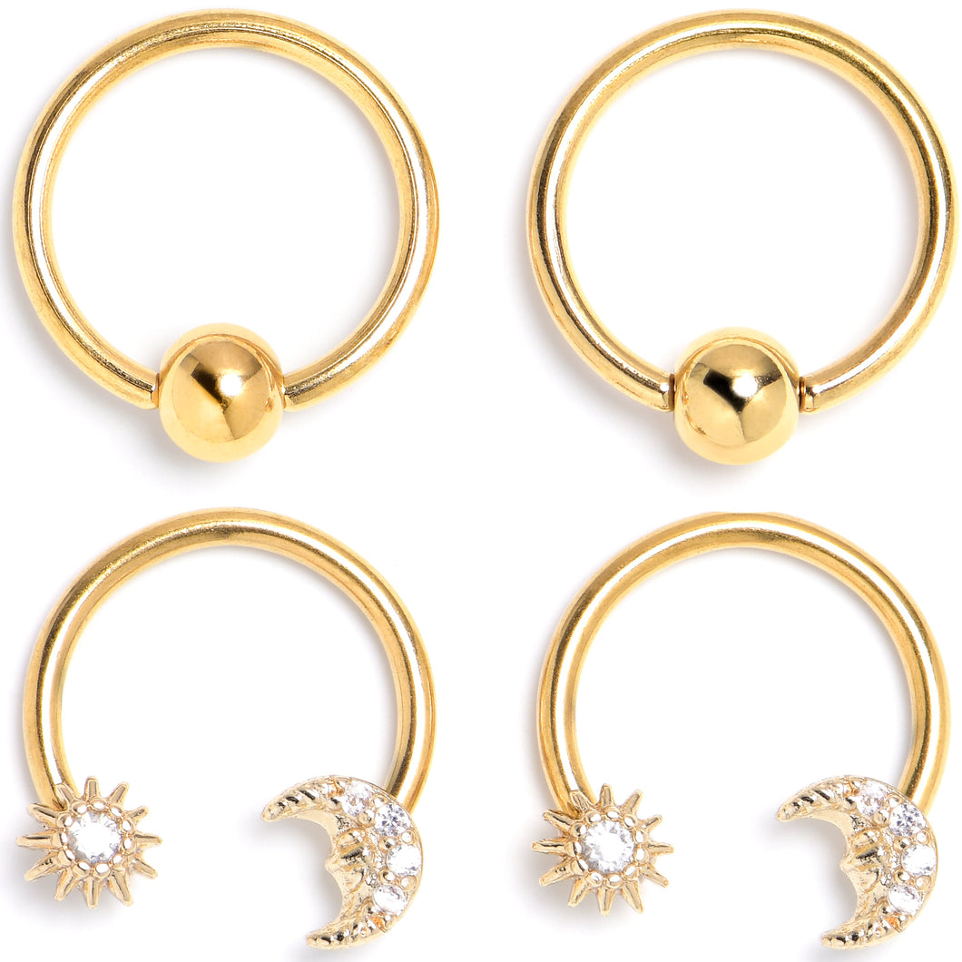 16G 3/8 Clear Gem Gold Tone Moon Sun BCR Captive Horseshoe Set of 4