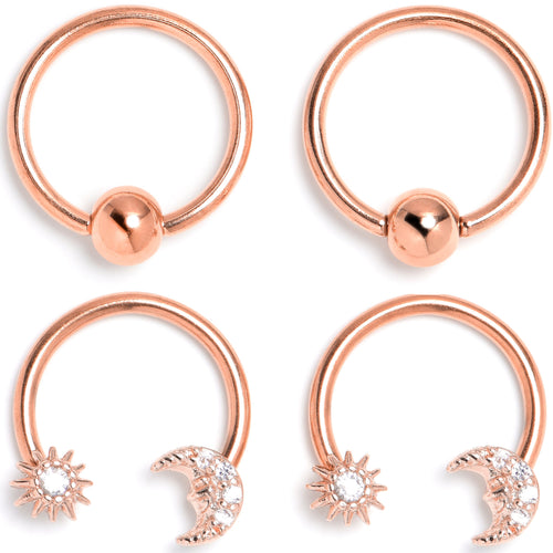 16G 3/8 Clear Gem Rose Gold Tone Moon Sun Captive Horseshoe Set of 4
