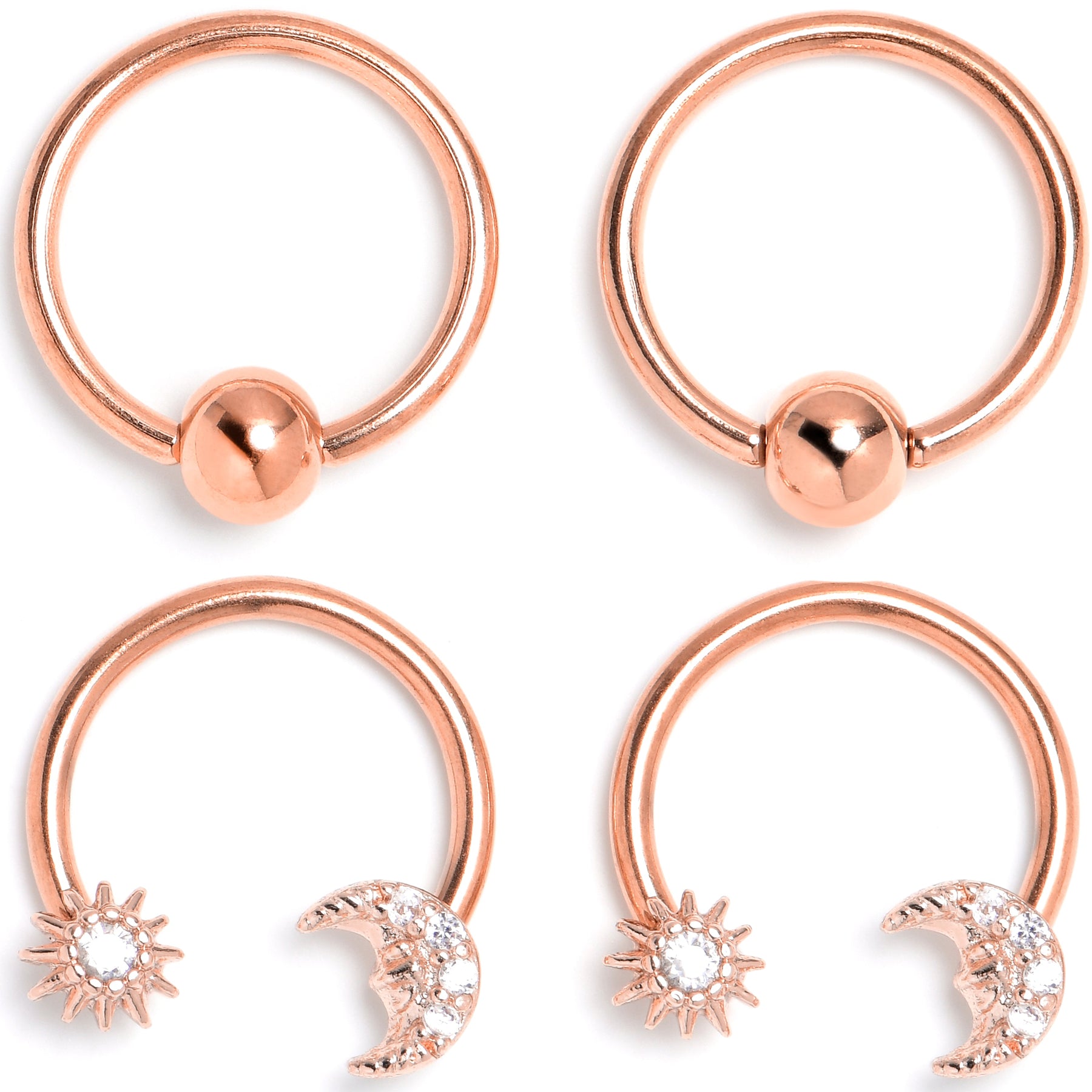 16G 3/8 Clear Gem Rose Gold Tone Moon Sun Captive Horseshoe Set of 4