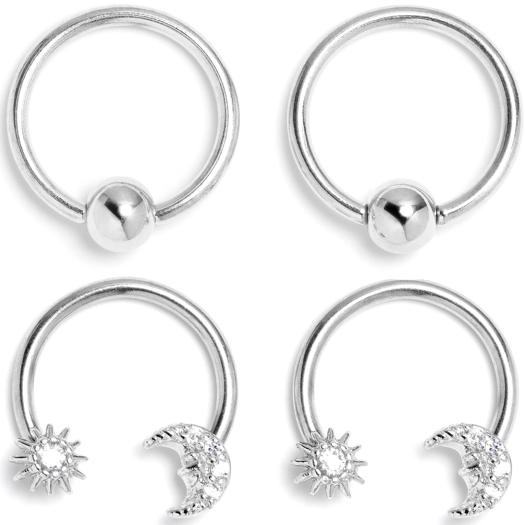 16G 3/8 Clear Gem Moon Sun BCR Captive Ring Horseshoe Set of 4
