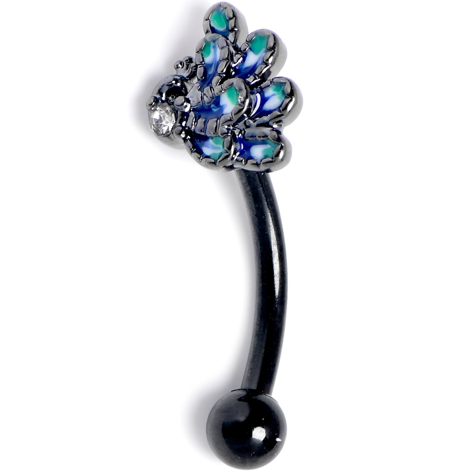 16G 5/16 Clear Gem Black Peacock Green Curved Eyebrow Ring